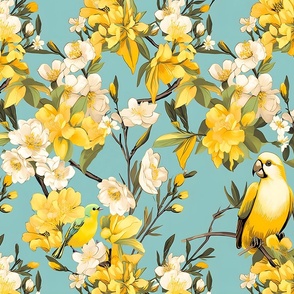 Melody Haven- Yellow/White on Duck Egg Wallpaper