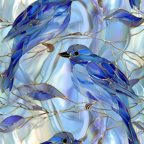 Stained Glass Watercolor Blue Jays / Bluejays Birds in a Winter Landscape