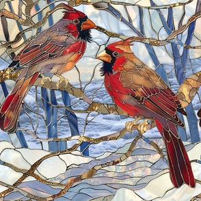 Stained Glass Watercolor Cardinals Red Birds in a Winter Landscape
