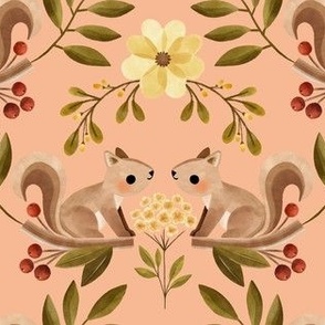 woodland squirrels with yellow flowers and greenery - peach orange background