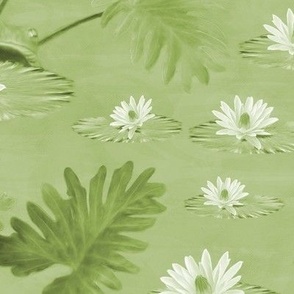 Monochrome Chartreuse Frog Pattern, Green White Lily Pads, Monochromatic Frog Print Playing Hide and Seek, Tropical Palm Leaves and Water Ripples, LARGE SCALE