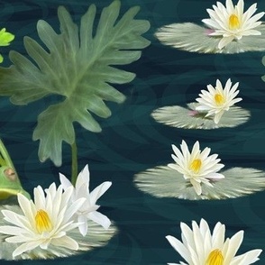 Dark Midnight Blue and Green Lily Pad Blossom Frog Pattern, Tropical Jungle Animals with White Water Lilies, Amphibian Animal Print in Emerald Green and White, LARGE SCALE