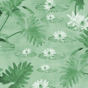 Green Lily Pad Flowers, Tropical Habitat in Green and White, Fun Frogs Pattern for Kids, Cute Frogs on Lily Flowers in Monochrome Green, SMALL SCALE