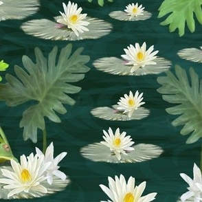 Frogs on Lily Pads, Green and White Animal Pattern, White and Yellow Flowers, Emerald Green Water Ripples, White and Green Frog Pattern, MEDIUM SCALE