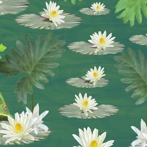 Emerald Jungle Green and White Animal Pattern, White and Yellow Camouflage Creatures with Yellow Lilies, Riverside Water Ripples and Cute Reptiles, Jungle Green Frog Toads, MEDIUM SCALE