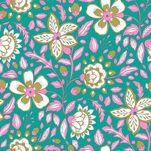 large scale 18 inch // Indian Hand block print Pink and green florals