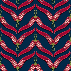 Horizontal stripes of hot peppers on a dark blue background