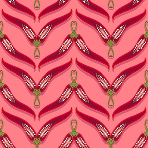 Horizontal stripes of hot peppers on a pink background
