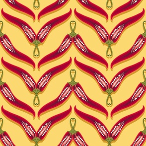 Horizontal stripes of hot peppers on a yellow background