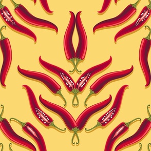 Abstract flower composed of hot pepper on a yellow background