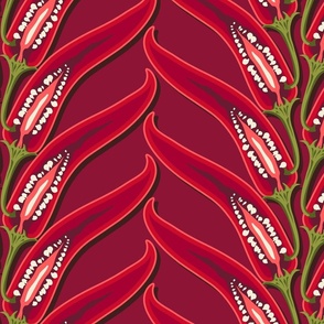 Vertical stripes of hot peppers on a dark red background