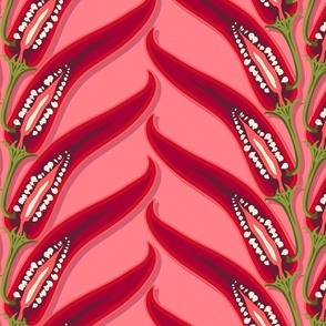 Vertical stripes of hot peppers on a pink background