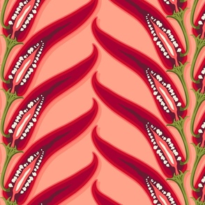 Vertical stripes of hot peppers on a light orange background