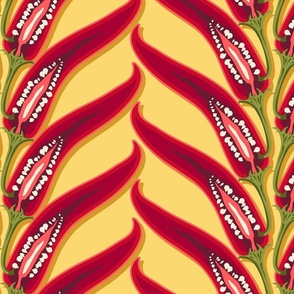 Vertical stripes of hot peppers on a yellow background