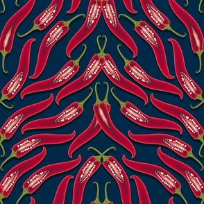 Dense pattern of hot peppers on a dark blue background