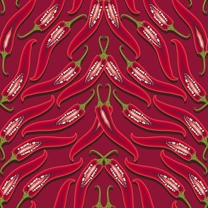 Dense pattern of hot peppers on a dark red background