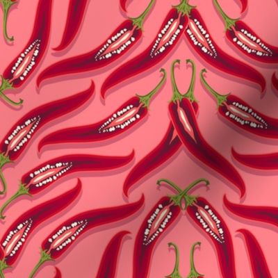 Dense pattern of hot peppers on a pink background
