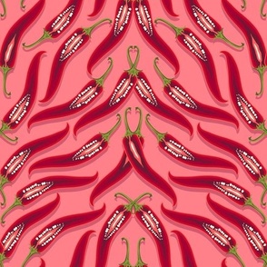 Dense pattern of hot peppers on a pink background