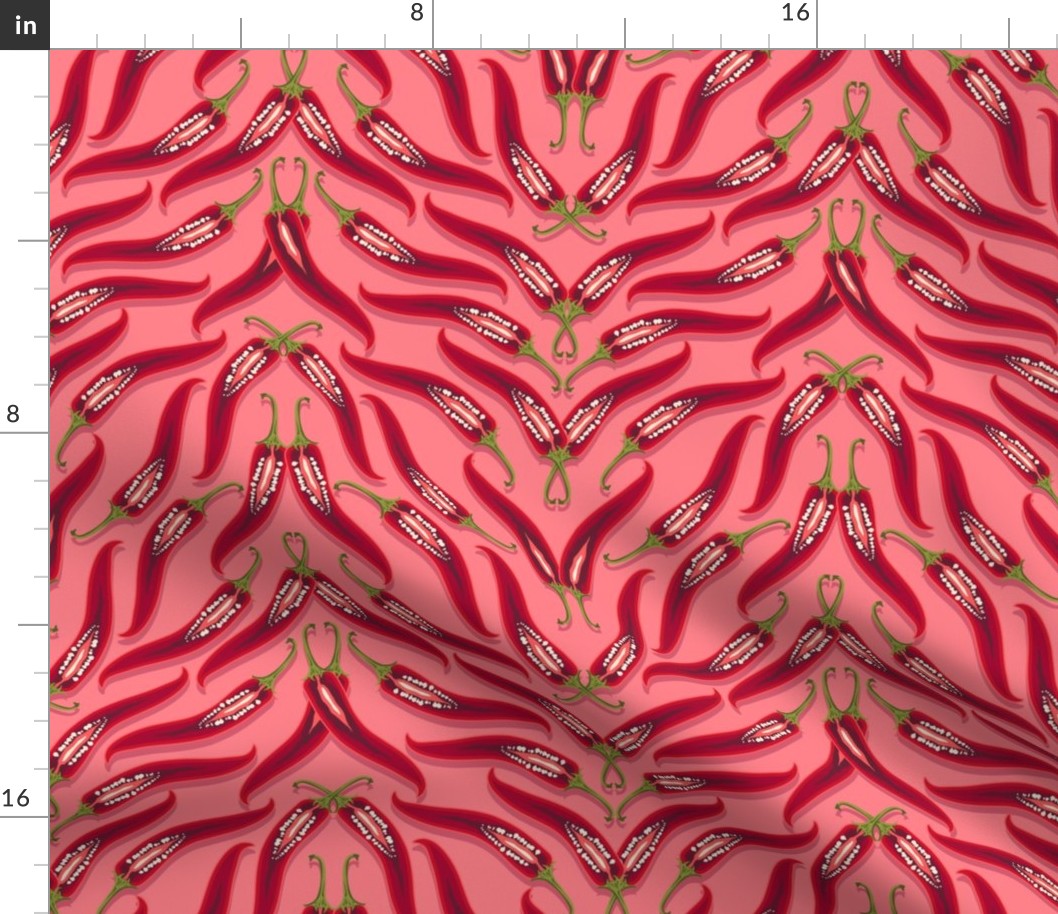 Dense pattern of hot peppers on a pink background