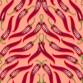 Dense pattern of hot peppers on a light orange background