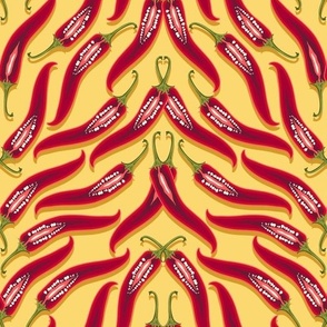 Dense pattern of hot peppers on a yellow background