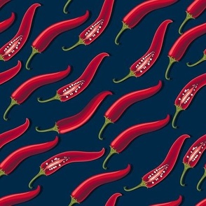 Hot peppers flying diagonally on a dark blue background