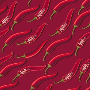 Hot peppers flying diagonally on a dark red background