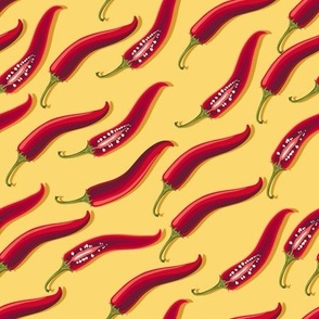 Hot peppers flying diagonally on a yellow background