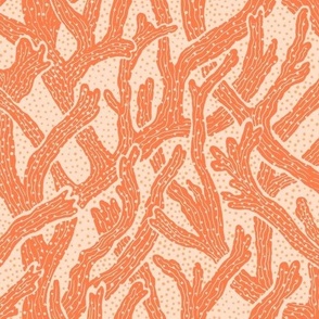 Coastal Charm: Coral Sea Life Block Print Pattern in Orange, Peach, and Cream