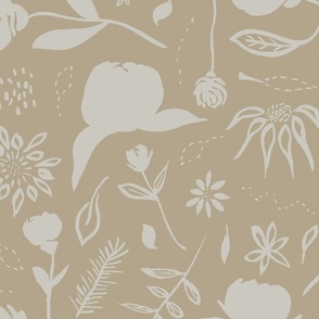 Hand Drawn Garden Flowers And Leaves Neutral Beige And Off White Extra Large