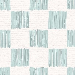Hand drawn 2” inch squares, watercolour checkerboard pattern – painted geometric brush strokes on a warm cream watercolour paper texture. Beige and ecru with renew blue and cyan celadon.