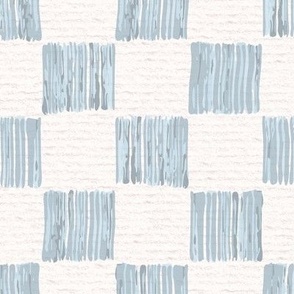 Hand drawn 2” inch squares, watercolour checkerboard pattern – painted geometric brush strokes on a warm cream watercolour paper texture. Beige and ecru with thermal blue and baby blue.