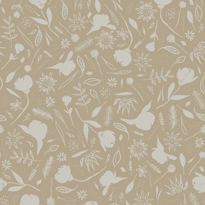 Hand Drawn Garden Flowers And Leaves Neutral Beige And Off White Medium
