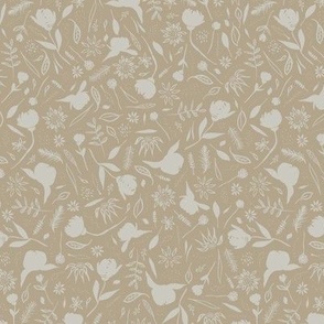 Hand Drawn Garden Flowers And Leaves Neutral Beige And Off White Small