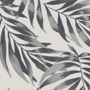 Large Half Drop Painterly Tropical Palm Leaves in Monochrome Dulux Oolong Grey with Limed White Quarter Background