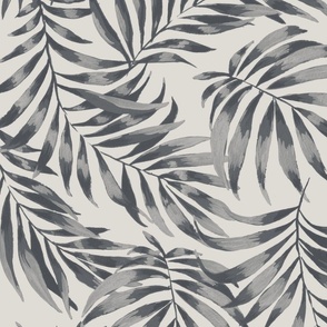 Medium Half Drop Painterly Tropical Palm Leaves in Monochrome Dulux Oolong Grey with Limed White Quarter  Background