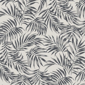 Small Half Drop Painterly Tropical Palm Leaves in Monochrome Dulux Oolong Grey with Limed White Quarter  Background