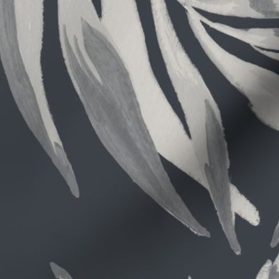 Large Half Drop Painterly Tropical Palm Leaves in Monochrome Dulux Limed White Quarter with Oolong Grey Background