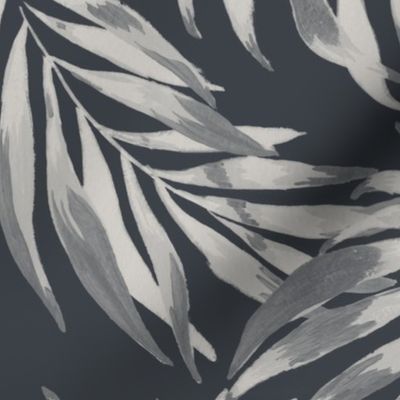 Medium Half Drop Painterly Tropical Palm Leaves in Monochrome Dulux Limed White Quarter  with Oolong Grey Background
