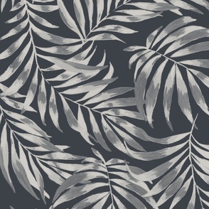 Medium Half Drop Painterly Tropical Palm Leaves in Monochrome Dulux Limed White Quarter  with Oolong Grey Background