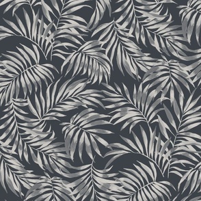 Small Half Drop Painterly Tropical Palm Leaves in Monochrome Dulux Limed White Quarter  with Oolong Grey Background