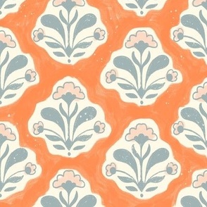 Block Print Floral Pale Blue and Pink on Coral Red