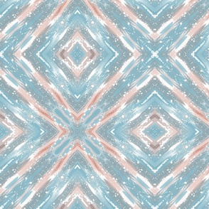 White, beige ornament on a light gray, blue background. Oriental ikat ornament with watercolor effect.