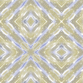 White, lilac ornament on a light olive background. Oriental ikat ornament with watercolor effect. 