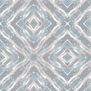 White, beige ornament on a light grey background. Oriental ikat ornament with watercolor effect. 