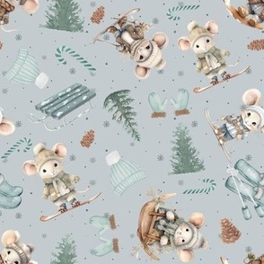 Woodland  Cute Winter Mice snow light blue holiday sweet mouse 