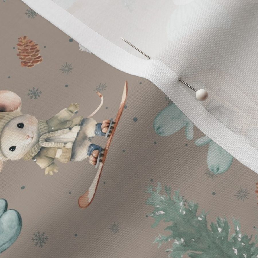 Cozy winter mice with evergreen trees skiing winter mouse holiday taupe cute mice 