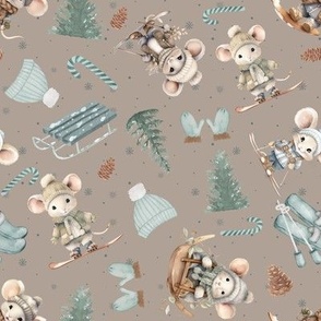 Cozy winter mice with evergreen trees skiing winter mouse holiday taupe cute mice 