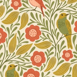 Birds and flowers with green leaves LARGE