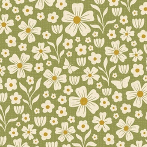 Cream florals on green LARGE